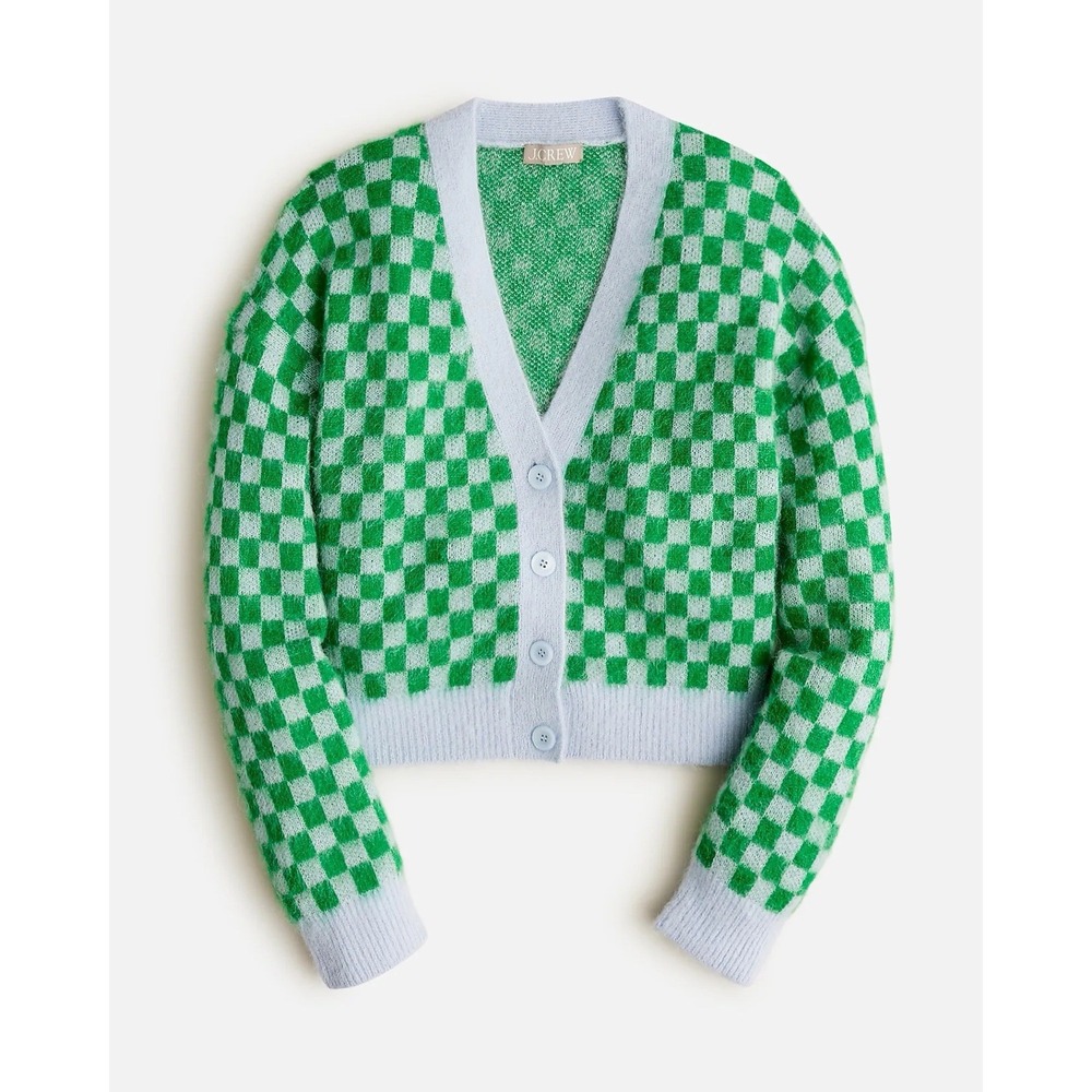 Women's J. Crew Checkered Alpaca Cardigan Sweater Xsmall Xs Green Blue